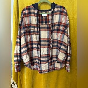 American Eagle Outfitters Red and Blue Plaid Shirt with hood